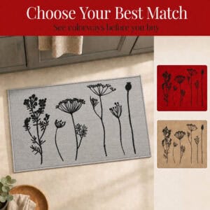 Gray floral kitchen mat shown as the main option with smaller red and natural swatches so shoppers can compare colorways before buying.