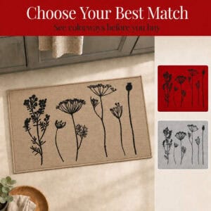 Natural beige floral kitchen mat shown as the main option with smaller red and gray swatches so shoppers can compare colorways before buying.
