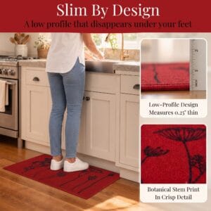 Woman standing on a red low profile kitchen mat at the sink with inset views showing the one quarter inch thickness and botanical print detail.