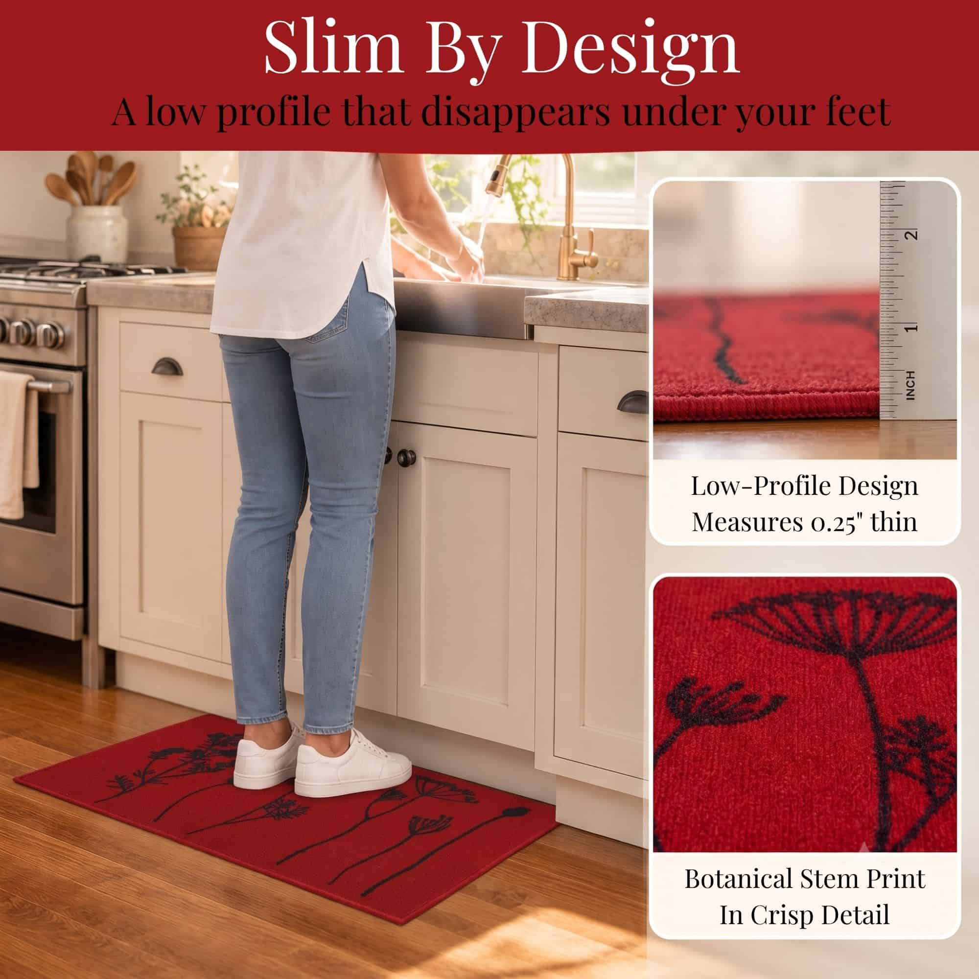 Woman standing on a red low profile kitchen mat at the sink with inset views showing the one quarter inch thickness and botanical print detail.