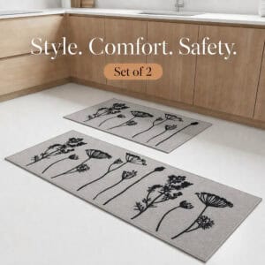 Gray two piece floral set styled in a warm wood kitchen, pairing the mat and runner for style, comfort and safety underfoot.