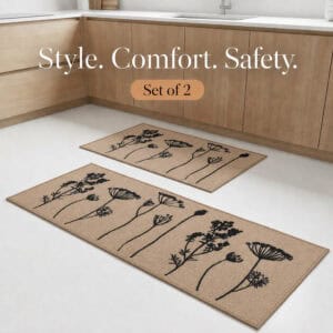 Natural beige two piece floral set styled in a warm wood kitchen, pairing mat and runner for style, comfort and safety underfoot.