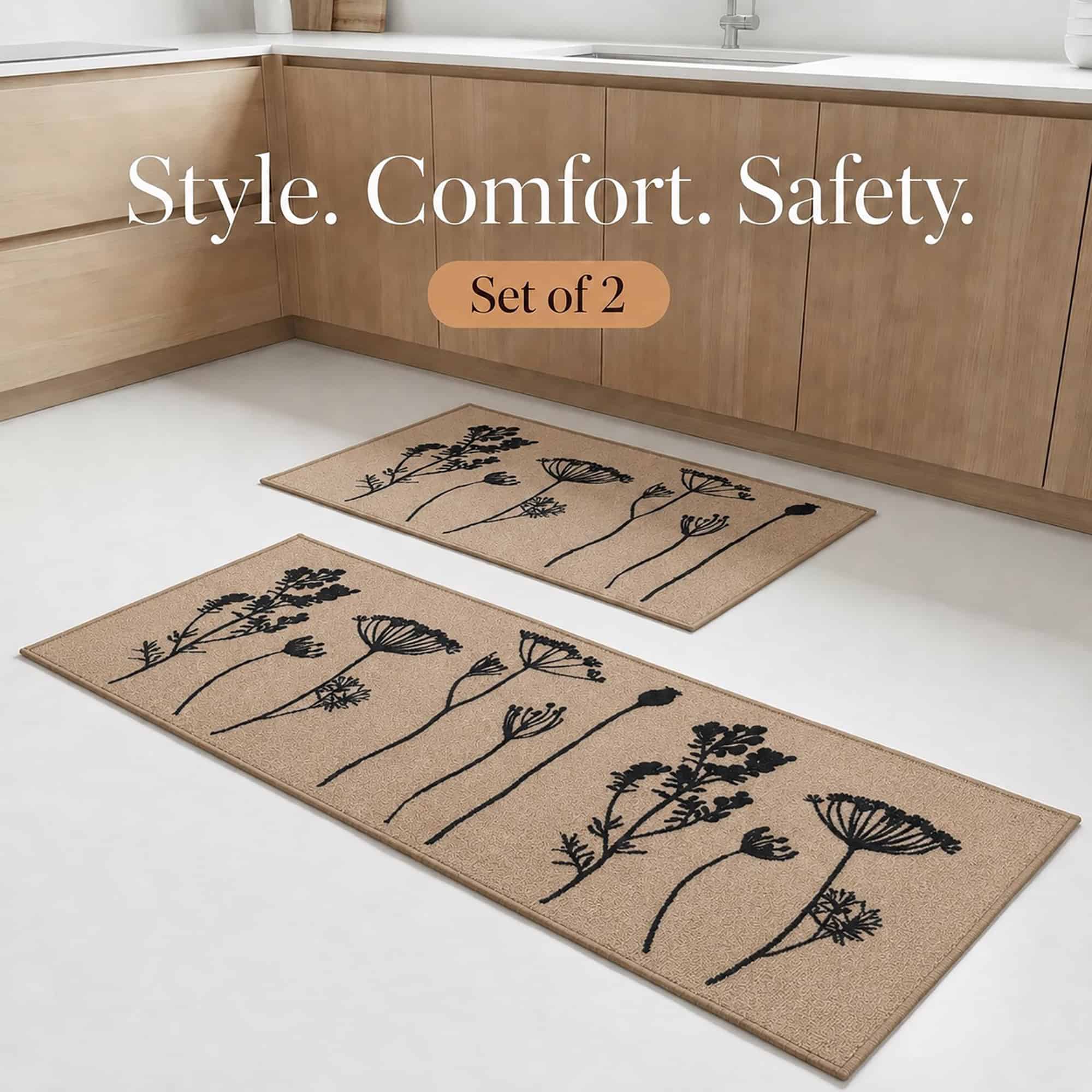 Natural beige two piece floral set styled in a warm wood kitchen, pairing mat and runner for style, comfort and safety underfoot.