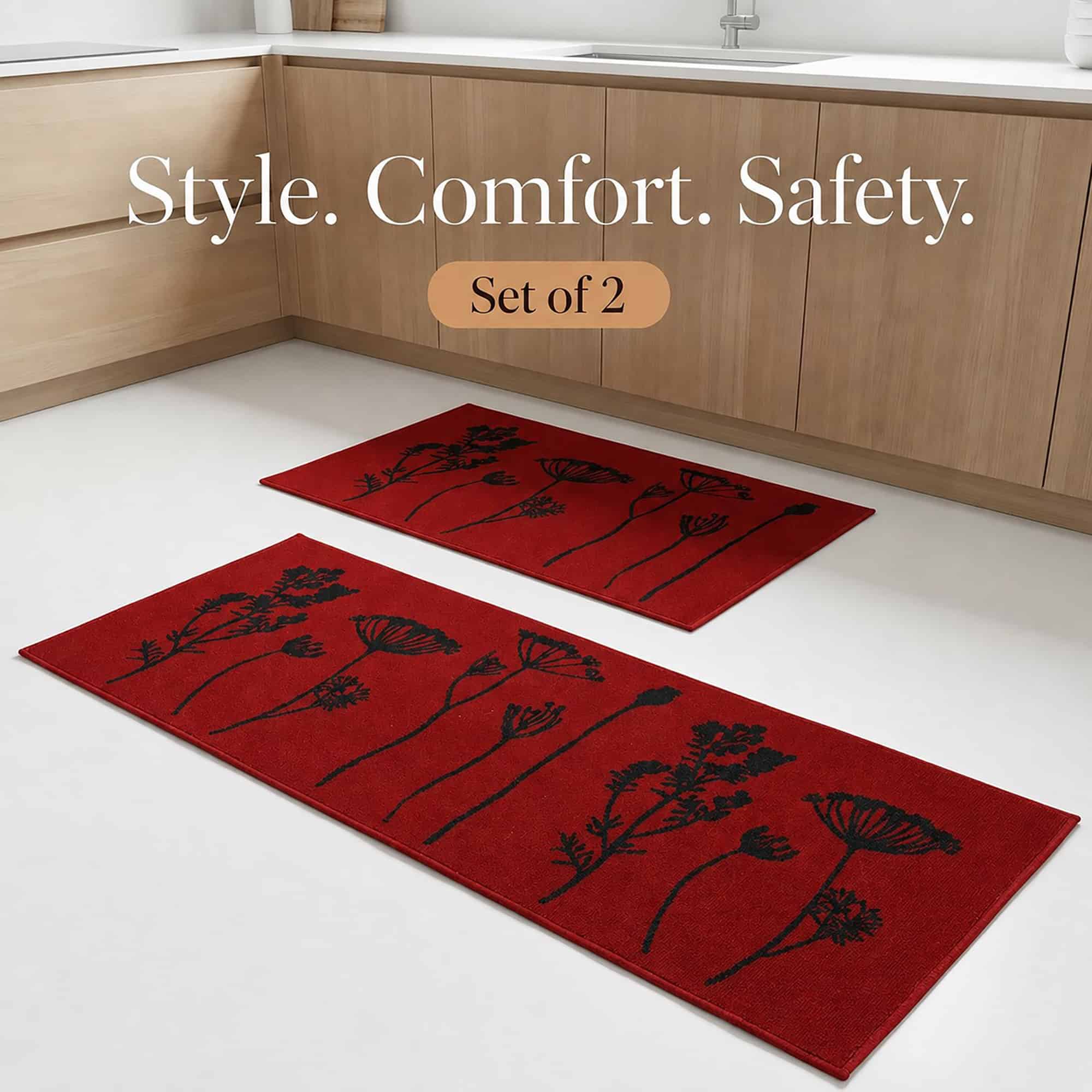 Red two piece floral set styled in a warm wood kitchen, pairing the mat and runner for style, comfort and safety underfoot.