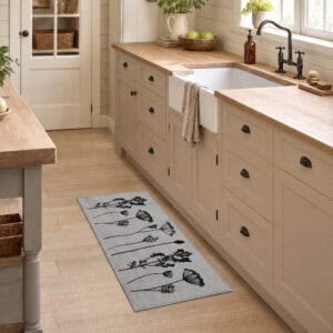 Gray kitchen runner rug with floral print laid along beige farmhouse cabinets beside an apron sink in a bright airy kitchen.