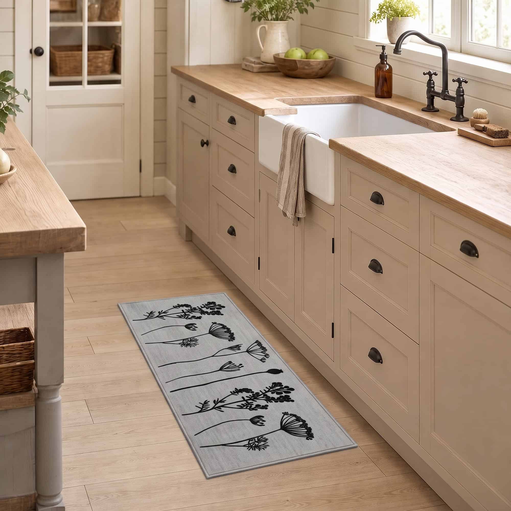 Gray kitchen runner rug with floral print laid along beige farmhouse cabinets beside an apron sink in a bright airy kitchen.