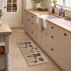 Natural beige kitchen runner rug with floral print laid along beige farmhouse cabinets beside an apron sink in a bright airy kitchen.