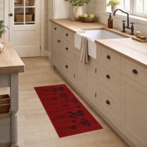 Red kitchen runner rug with floral print laid along beige farmhouse cabinets beside an apron sink in a bright airy kitchen.