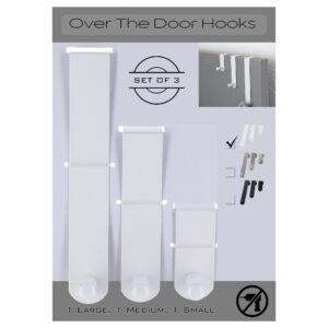 "Product infographic showing set of 3 white over-door hooks with size options and no-drill feature"