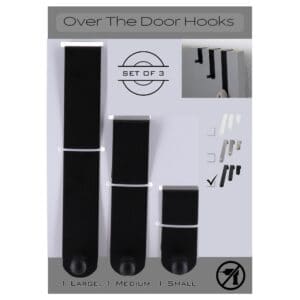 "Product infographic showing set of 3 matte black over-door hooks in large, medium, small with no-drill feature"