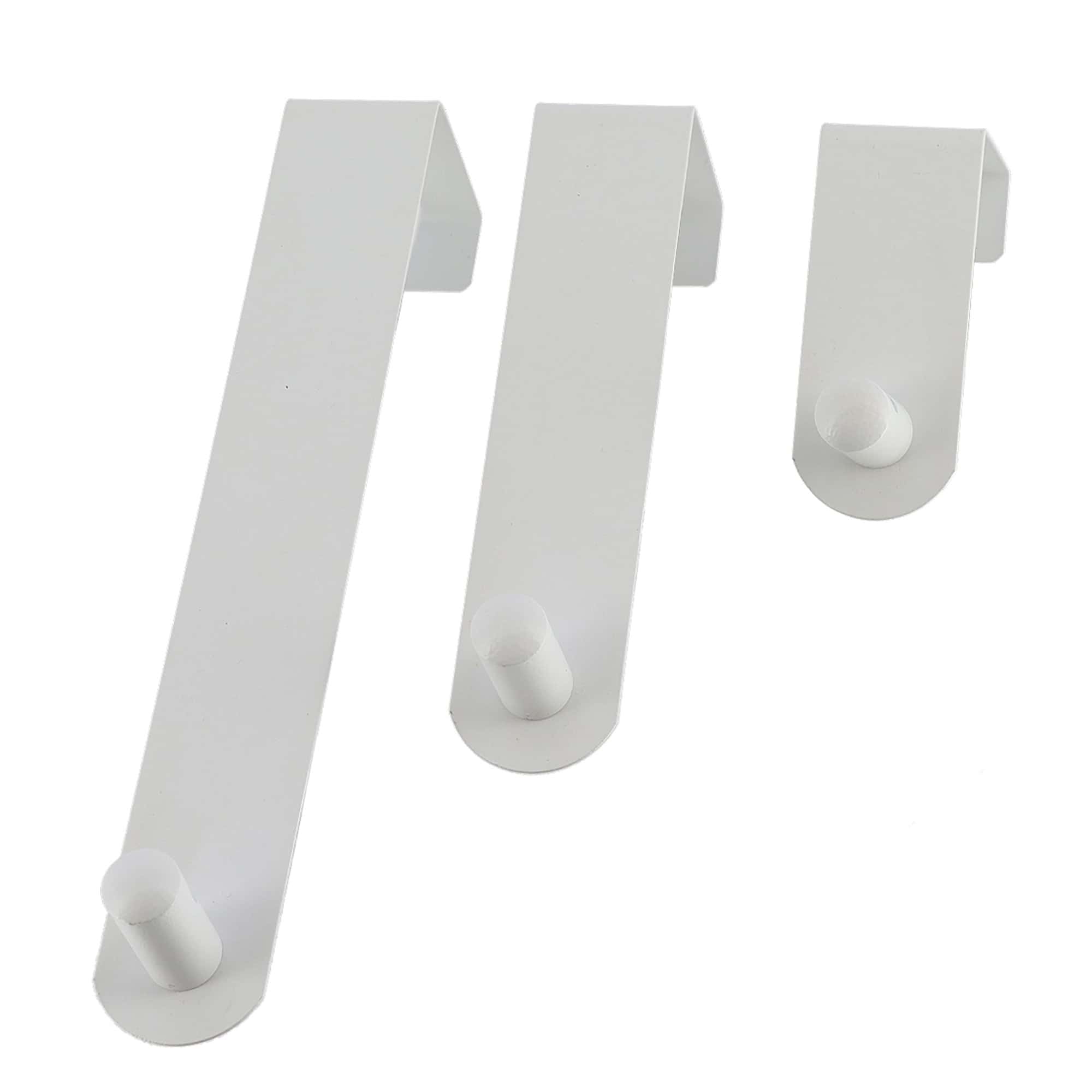 Minimalist White Door Hooks Set: Three Hooks of Different Sizes with a Clean and Sleek Design Isolated on a White Background, Ready for Easy Mounting.
