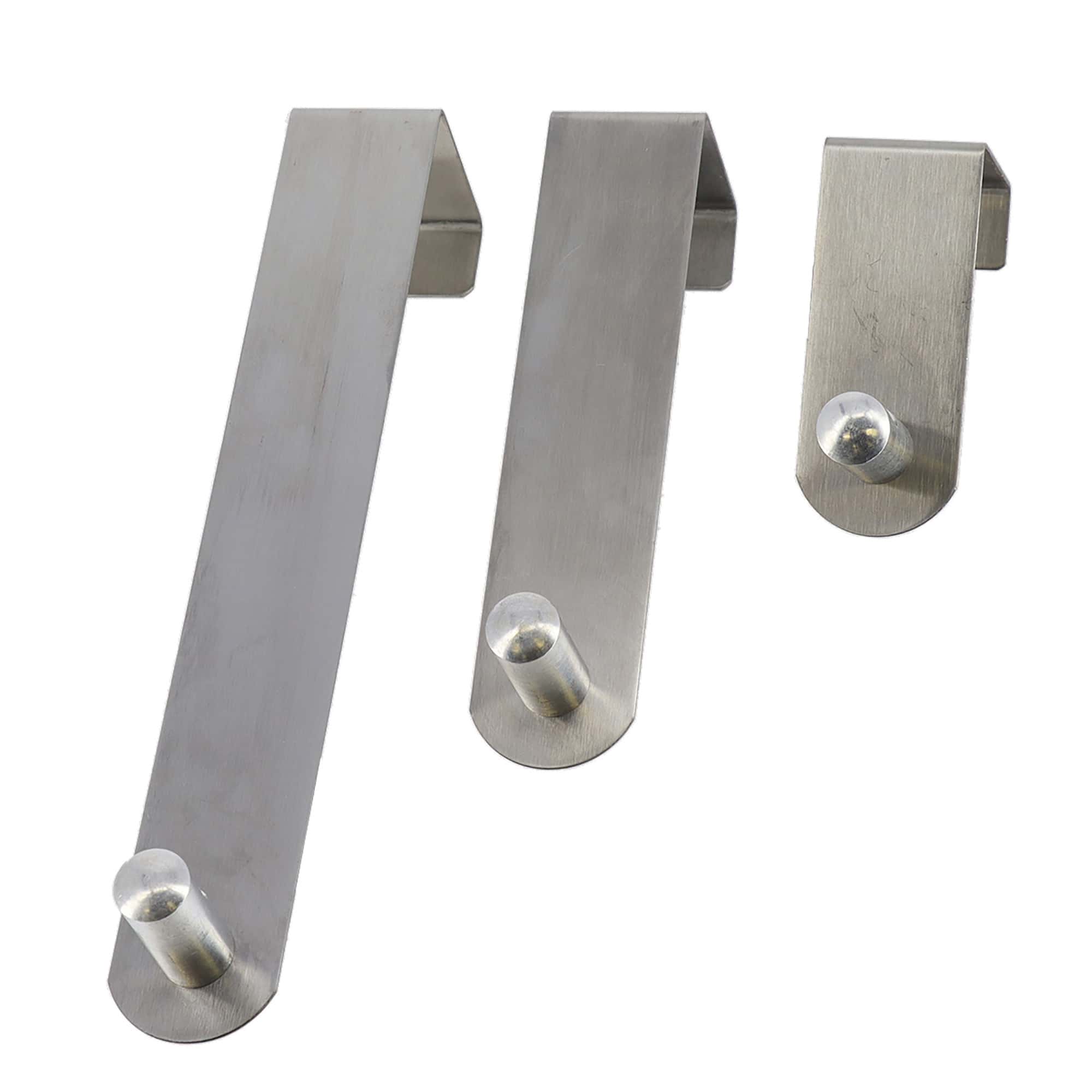 Stainless Steel Over-the-Door Hooks Set: A Trio of Metallic Hooks in a Brushed Finish, Showcasing Different Sizes for Various Needs, Isolated on a White Background for Clarity.