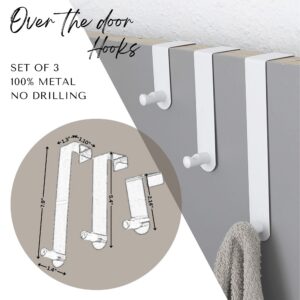 "Product infographic showing white metal over-door hook set of 3 with dimensions: large 7.9", medium 5.4", small 2.14""