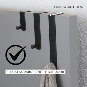 "Diagram showing matte black over-door hooks fitting standard 1 3/8-inch thick door with 1 5/8-inch wide hook measurement"