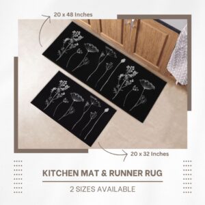 a kitchen runner rug and a kitchen mat in black with flowers decor, 2 sizes available, 20x48 inches and 20x32 inches