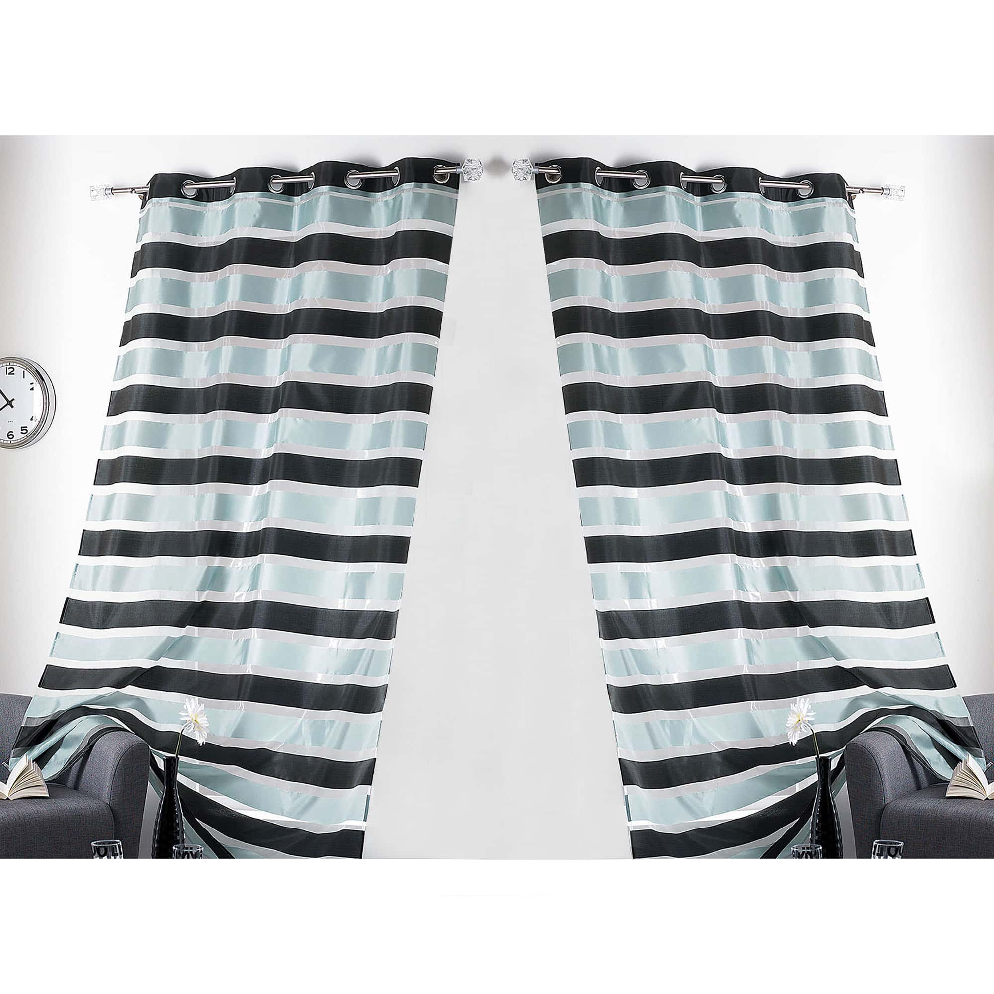 bicolor black blue gray organza striped sheer curtain panels 2 pieces for large window