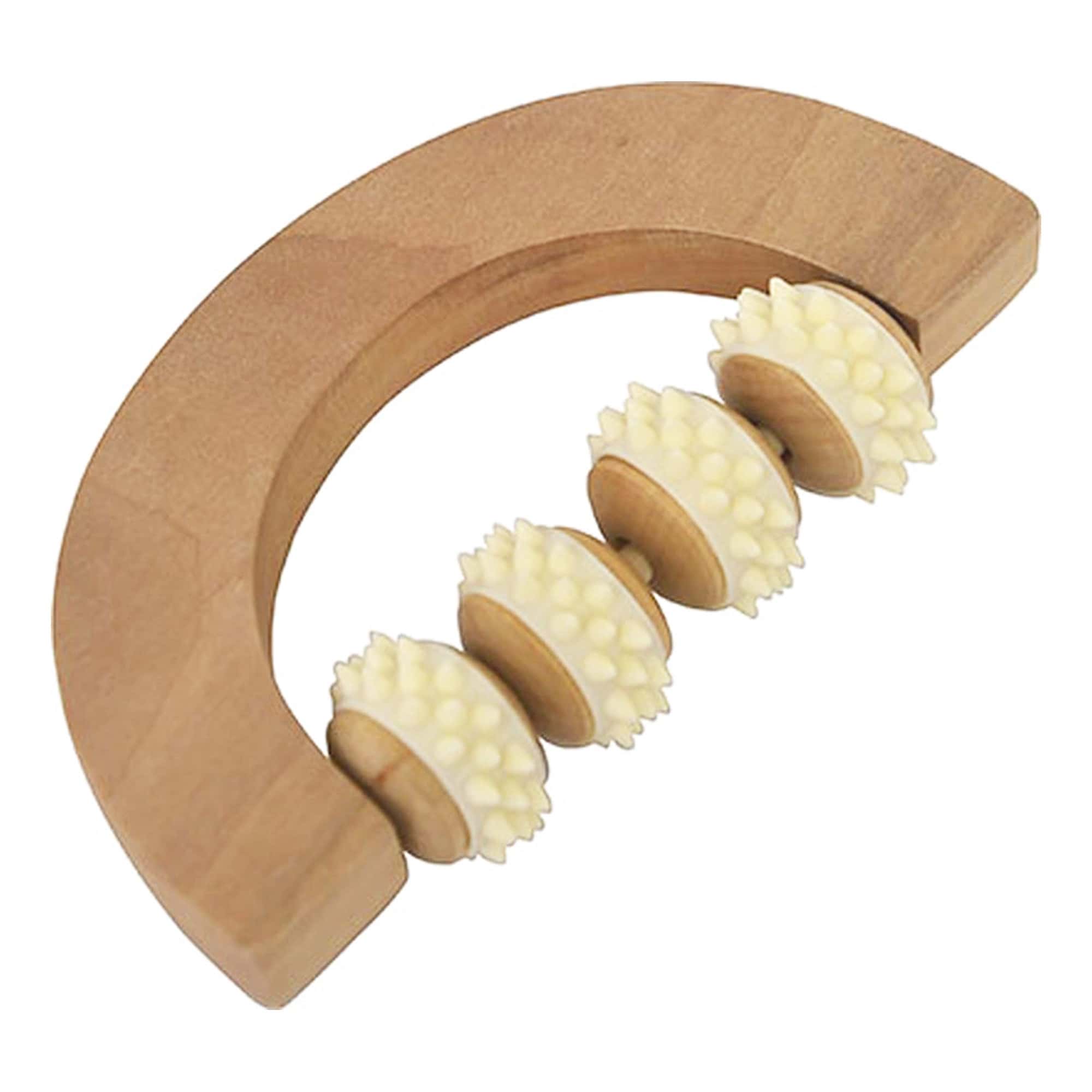 Ergonomic four-wheel natural wooden massage roller, ideal for relieving muscle tension and promoting relaxation.