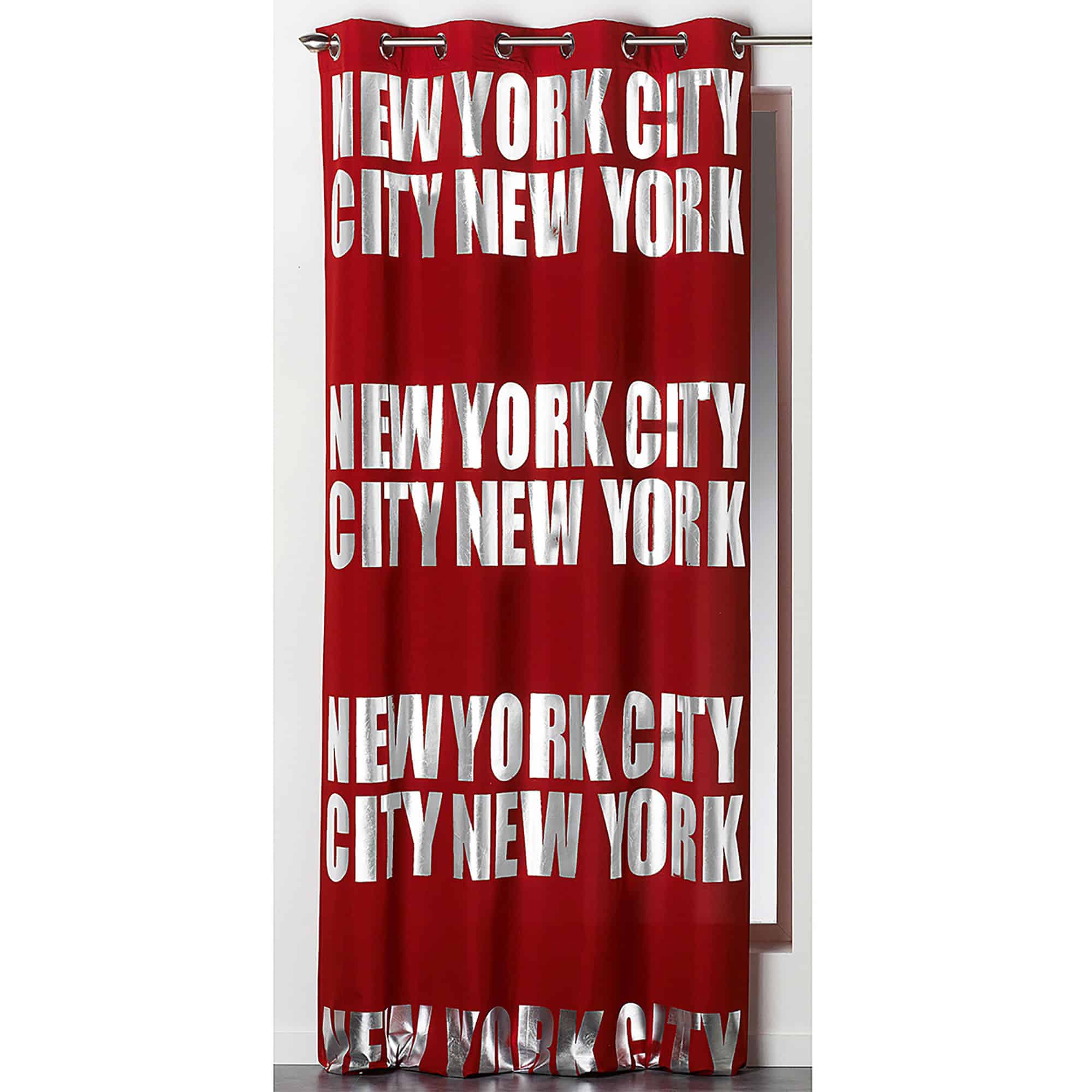 solid red black out curtain silver NYC lettering 1 panel for large window