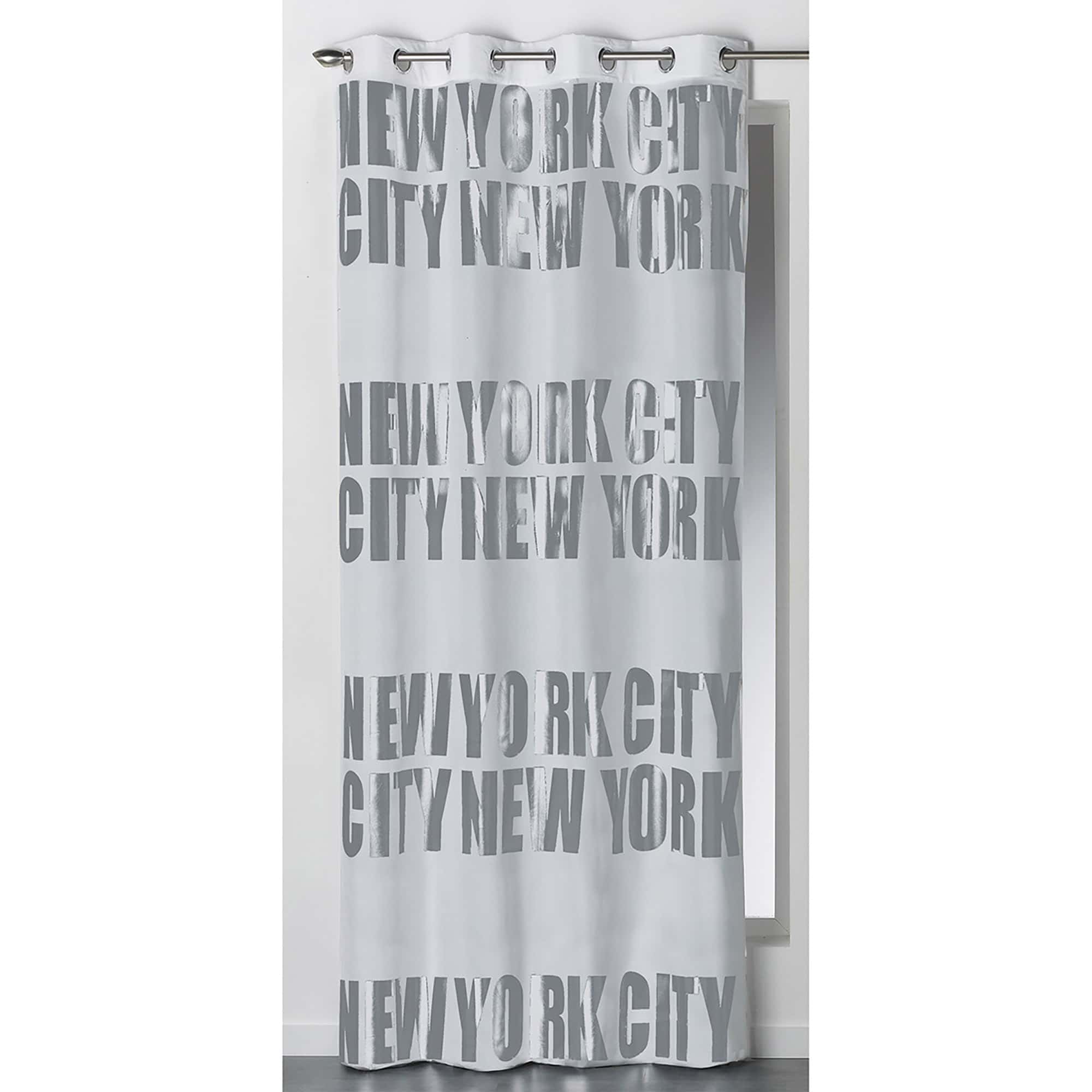 solid light gray black out curtain silver NYC lettering 1 panel for large window