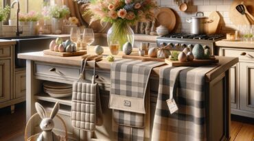 A cozy kitchen interior featuring a central island with a bouquet of flowers and Easter decorations, plaid textiles, and warm lighting, all set for engaging conversations, creating a welcoming and festive atmosphere.
