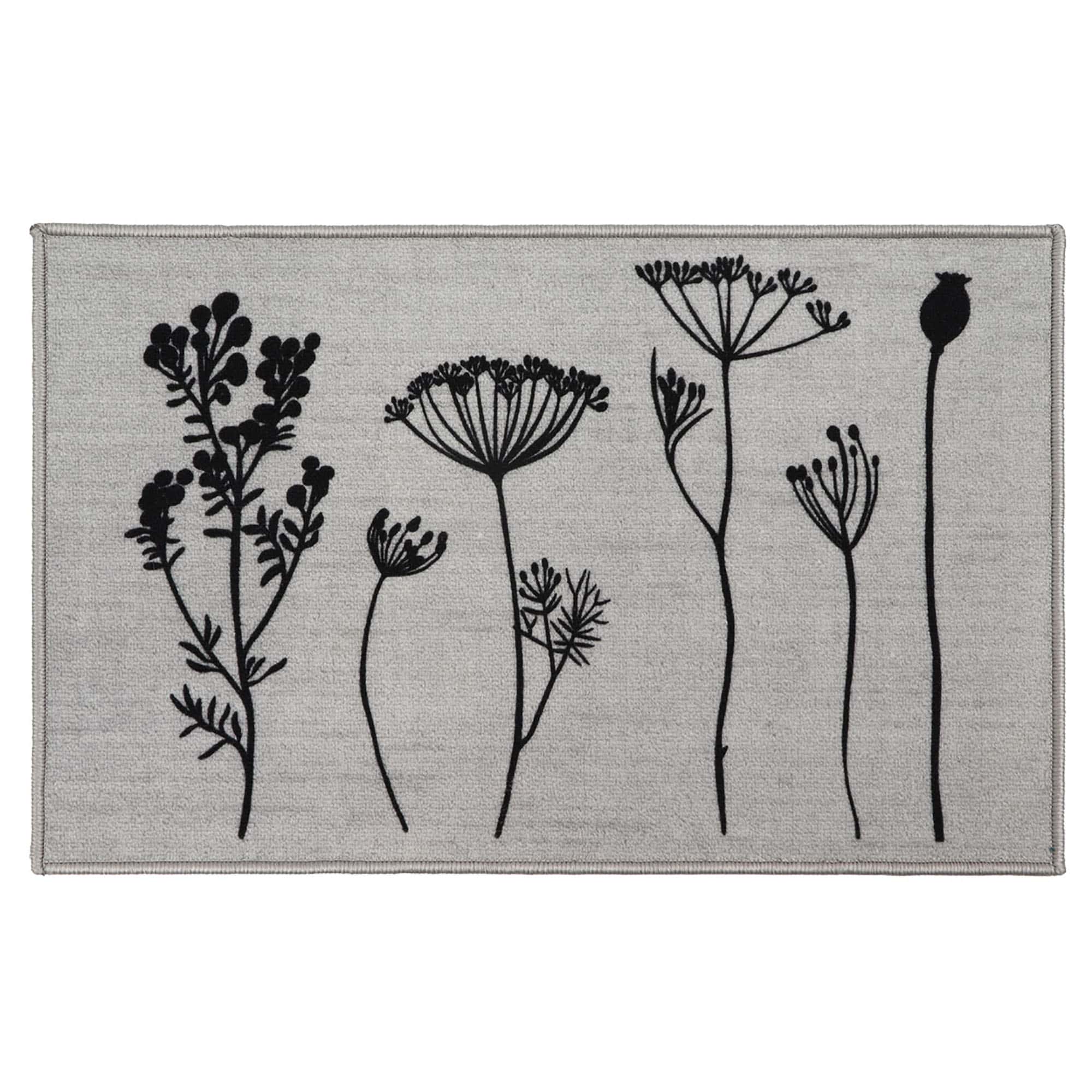 a gray kitchen mat with a black wildflowers motif