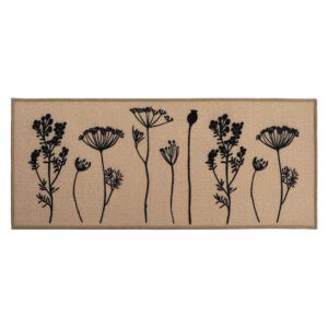 a beige kitchen runner mat with a black wildflowers motif