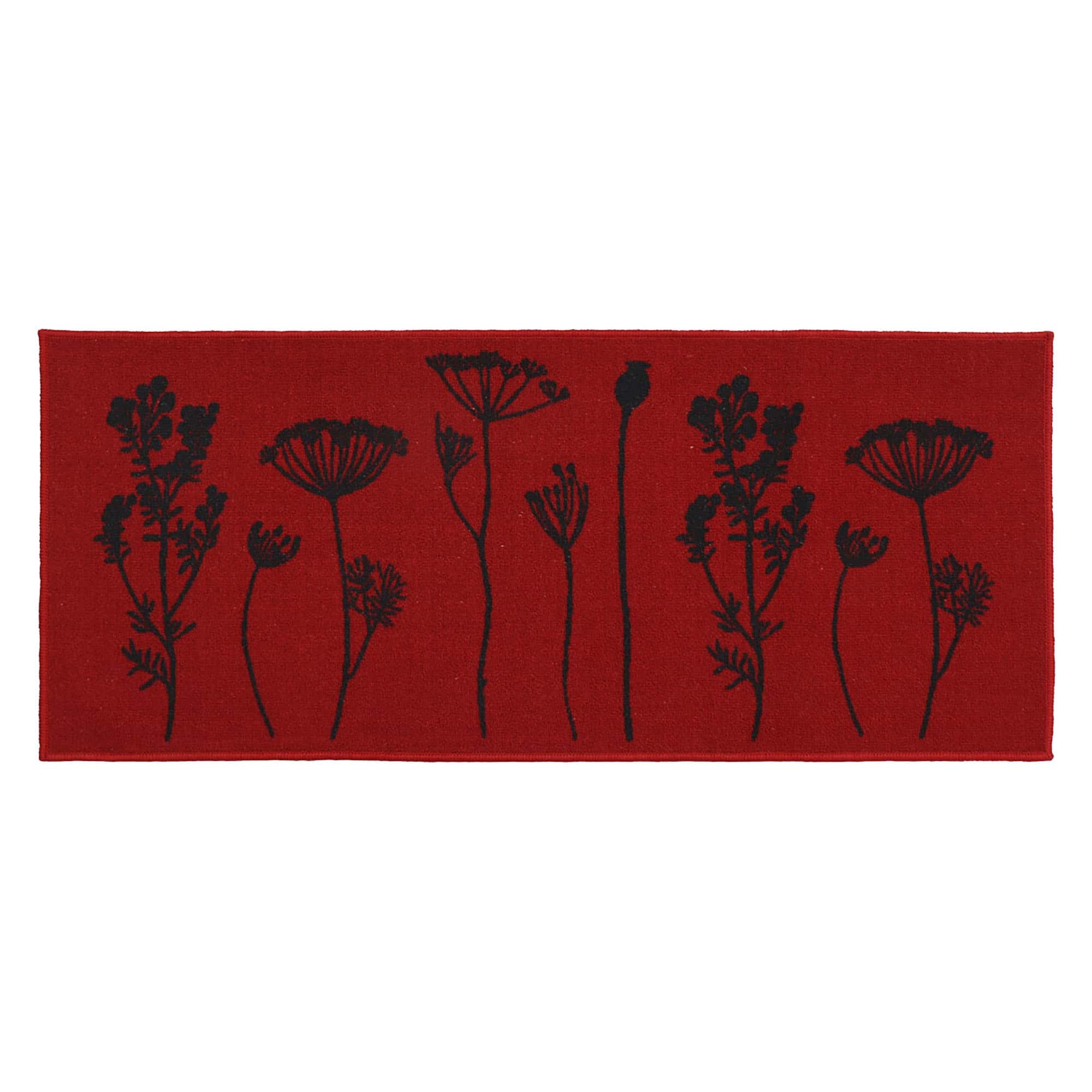 a red kitchen runner mat with a black wildflowers motif