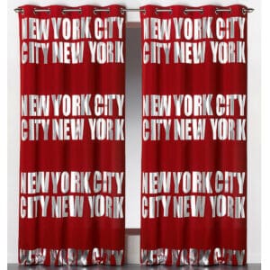 solid red black out curtains silver NYC lettering 2 panels for large windows