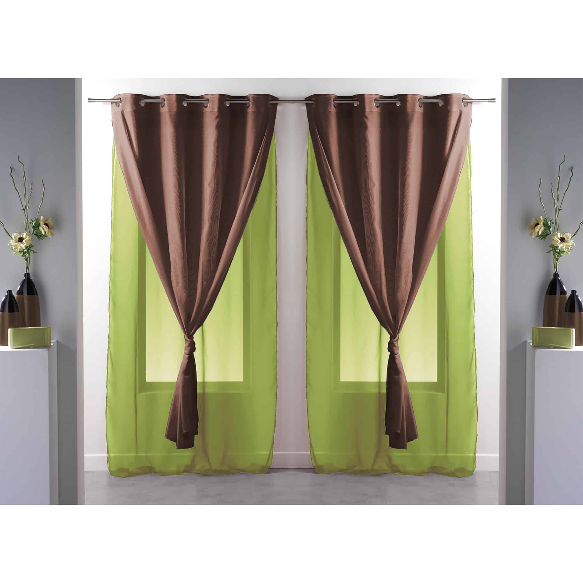 double sheer curtains solid 2 colors green brown set of 2 panels for large window