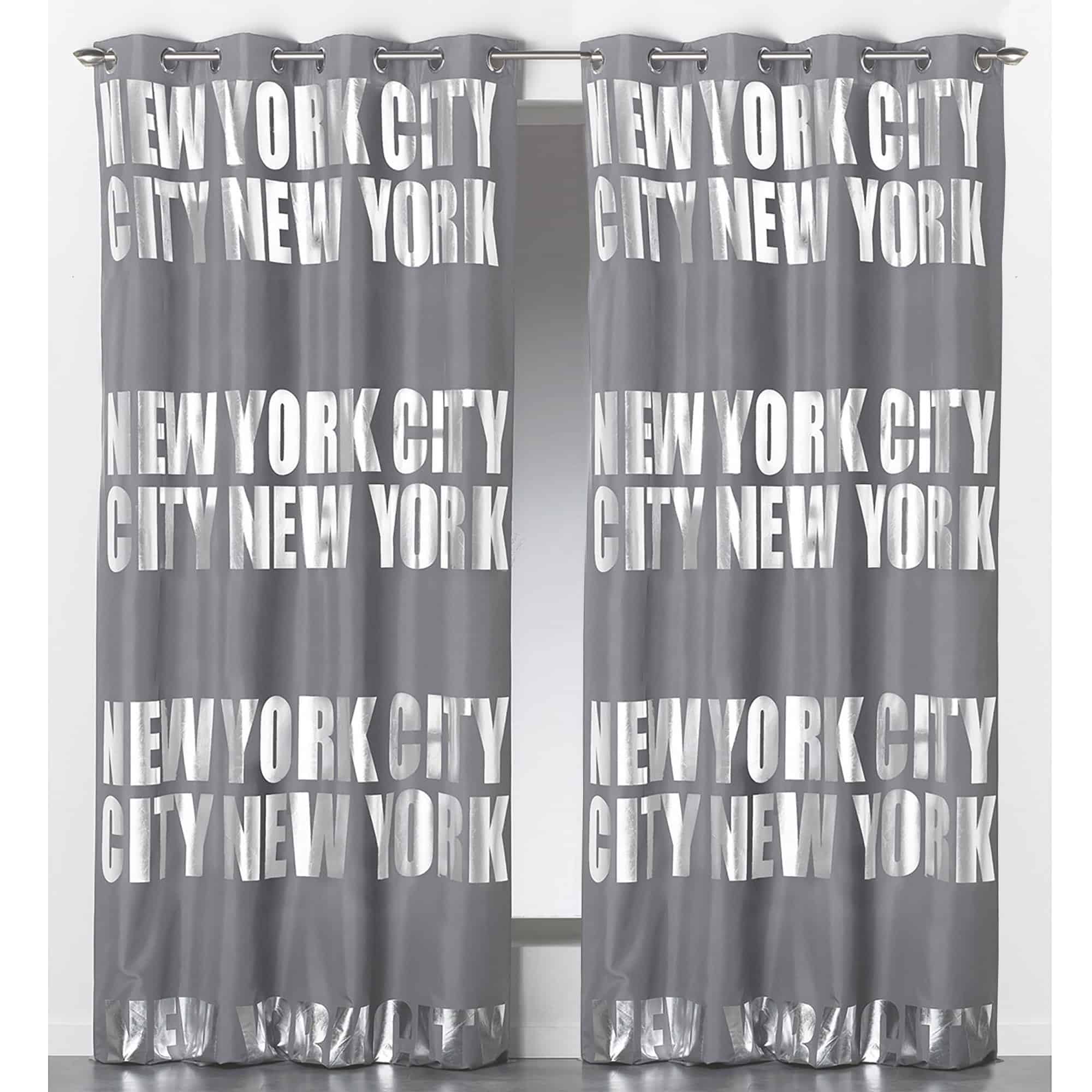 solid gray black out curtains silver NYC lettering 2 panels for large windows