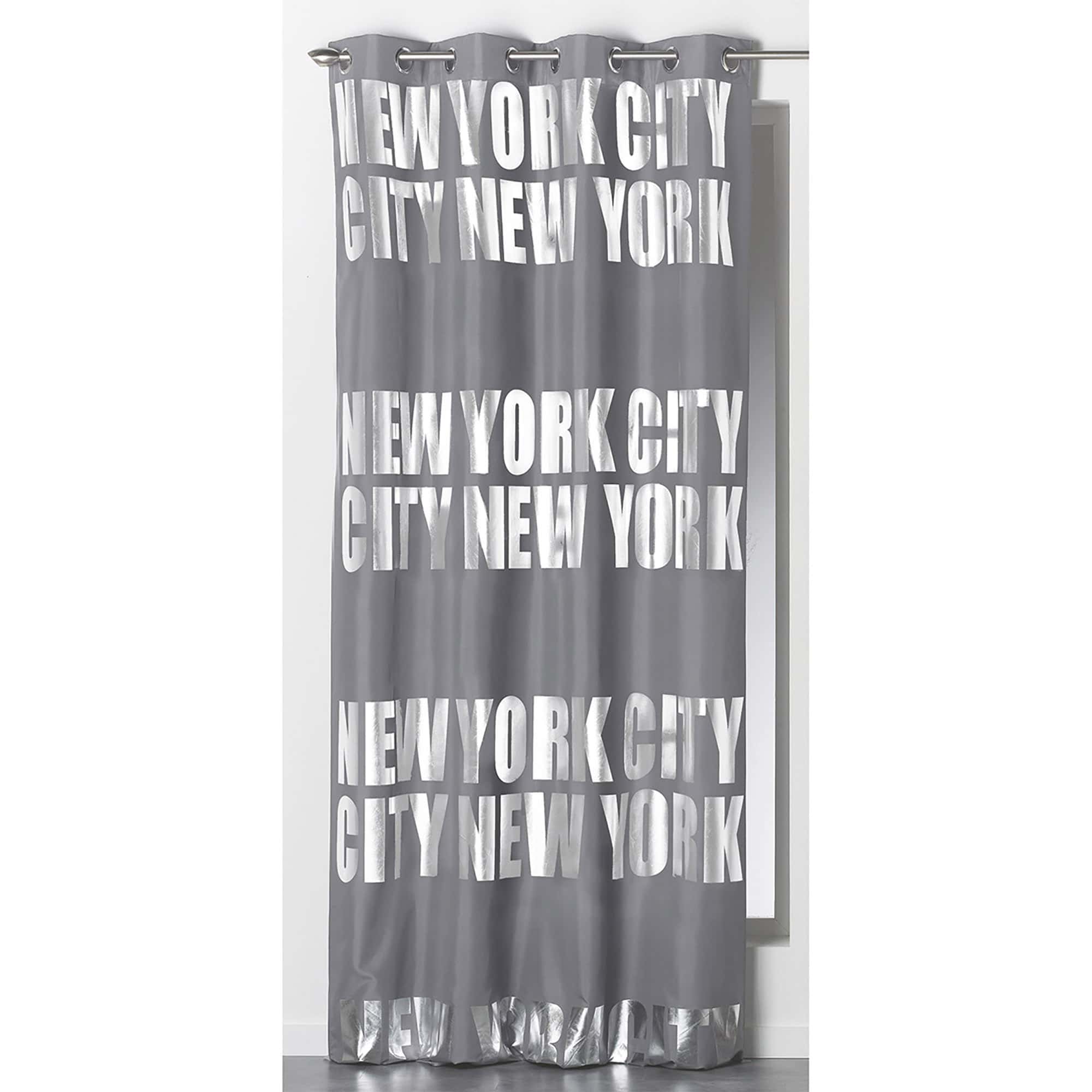 solid gray black out curtain silver NYC lettering 1 panel for large window