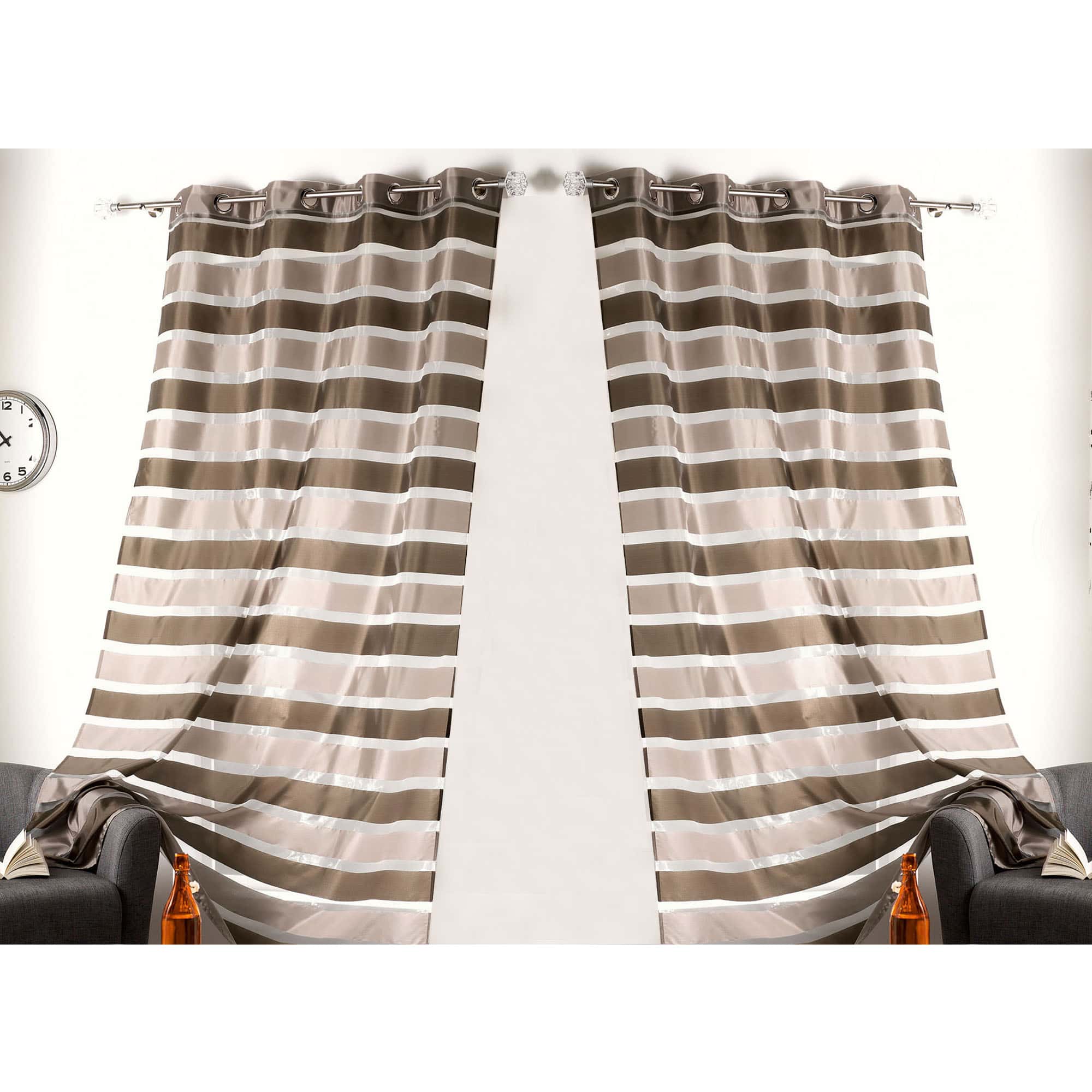 bicolor brown beige organza striped sheer curtain panels 2 pieces for large window