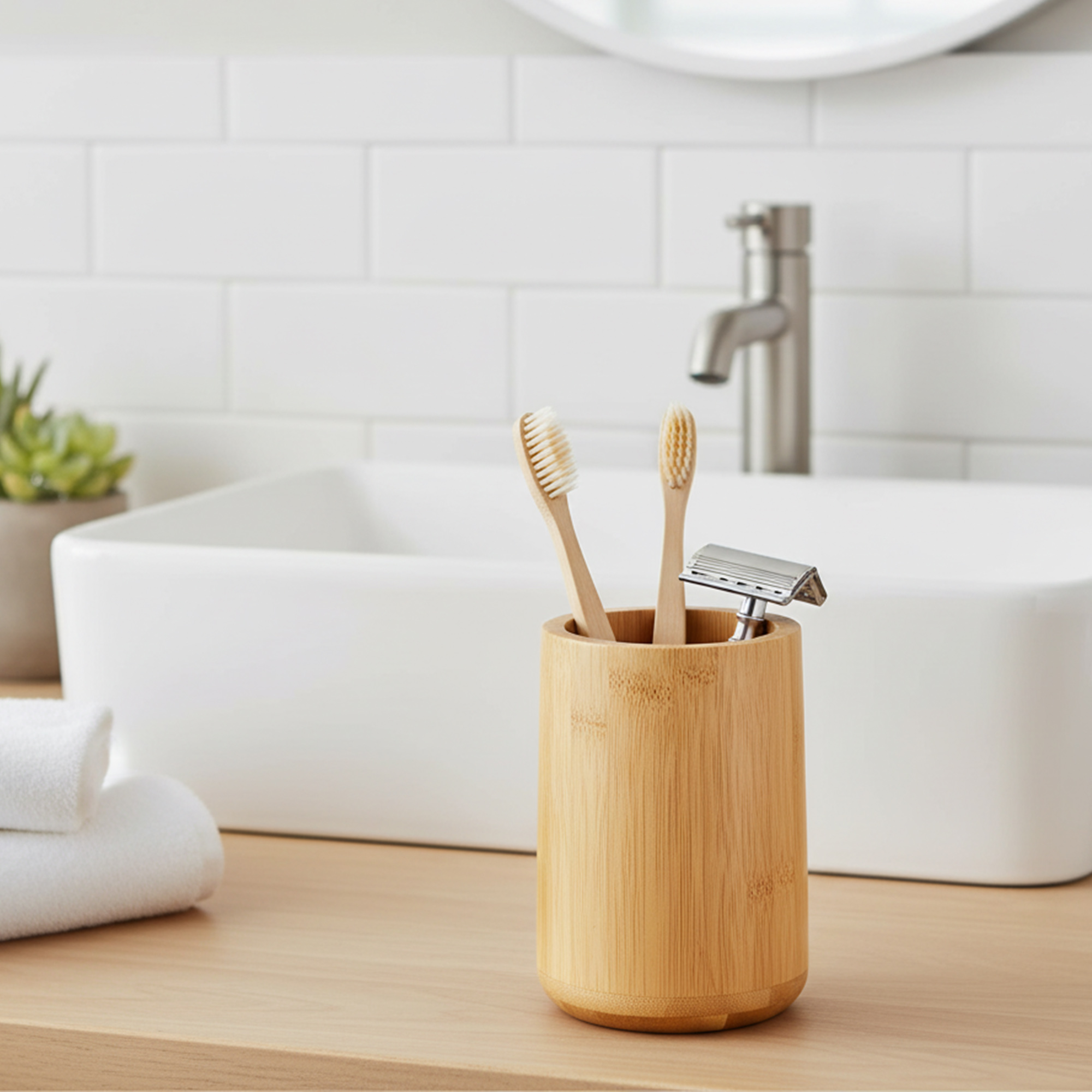 Bamboo toothbrush holder with bamboo brushes and razor on vanity