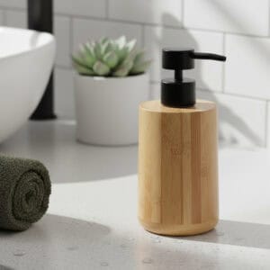 Natural bamboo soap dispenser with matte black pump on bathroom counter