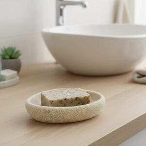 Beige sponge texture soap dish holding bar soap on bathroom vanity