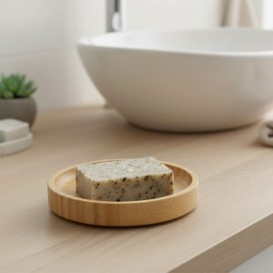 Bamboo soap dish with bar soap on wooden countertop