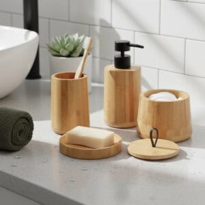 Bamboo bathroom accessory set with soap dispenser dish cotton holder