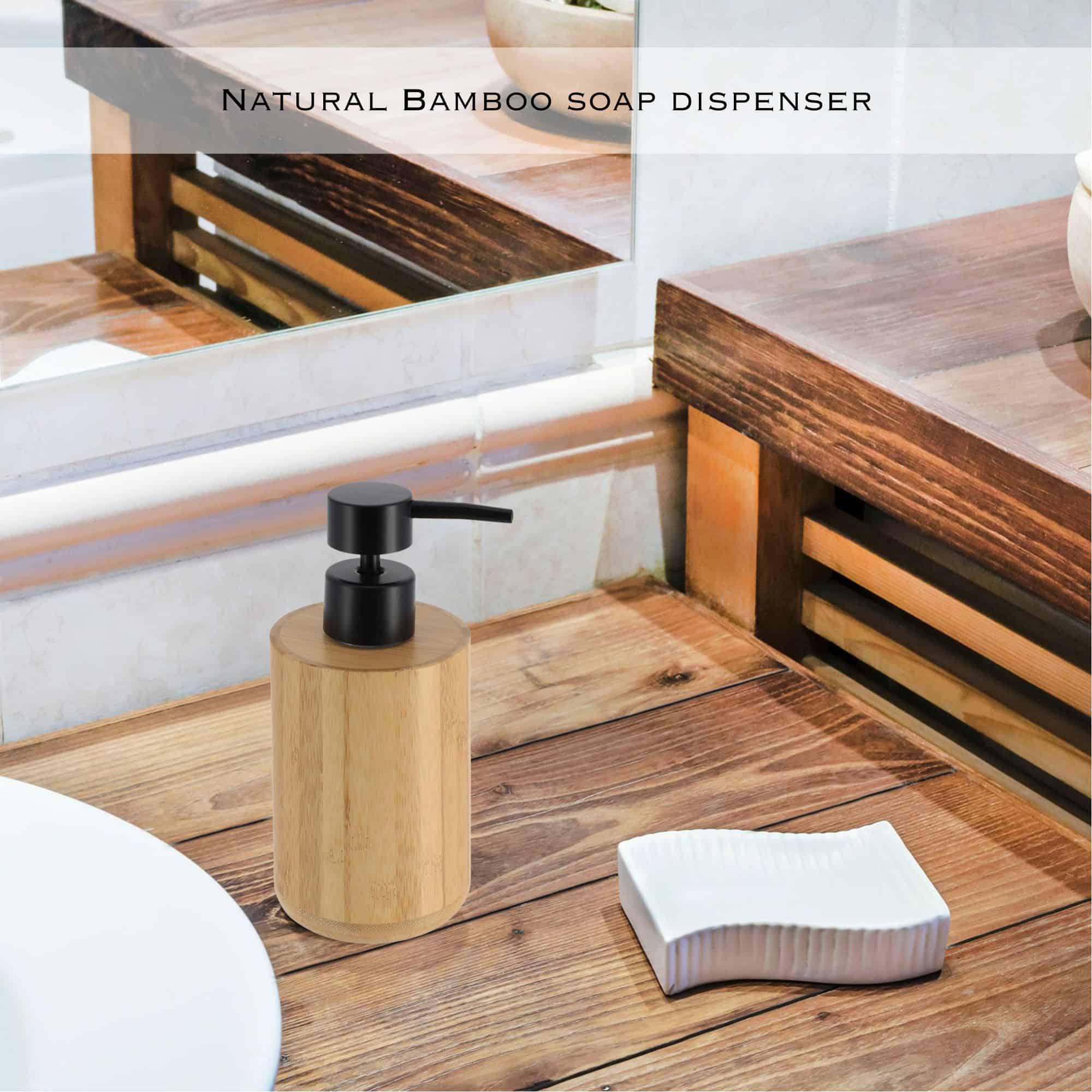 Soap dispenser on a wooden countertop