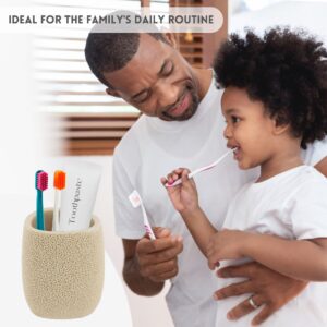 Family brushing teeth with toothbrush and toothpaste holder on the left
