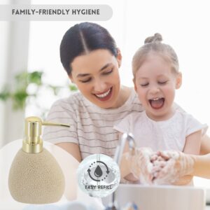 Mom and girl washing hands with the soap dispenser on the left