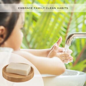 Child washing hands with the soap dish on the left