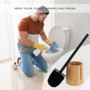 Man cleaning the toilet with the toilet brush on the right