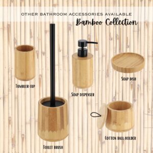 Bamboo bathroom accessories collection showing tumbler, toilet brush, soap dispenser, soap dish, and cotton ball holder