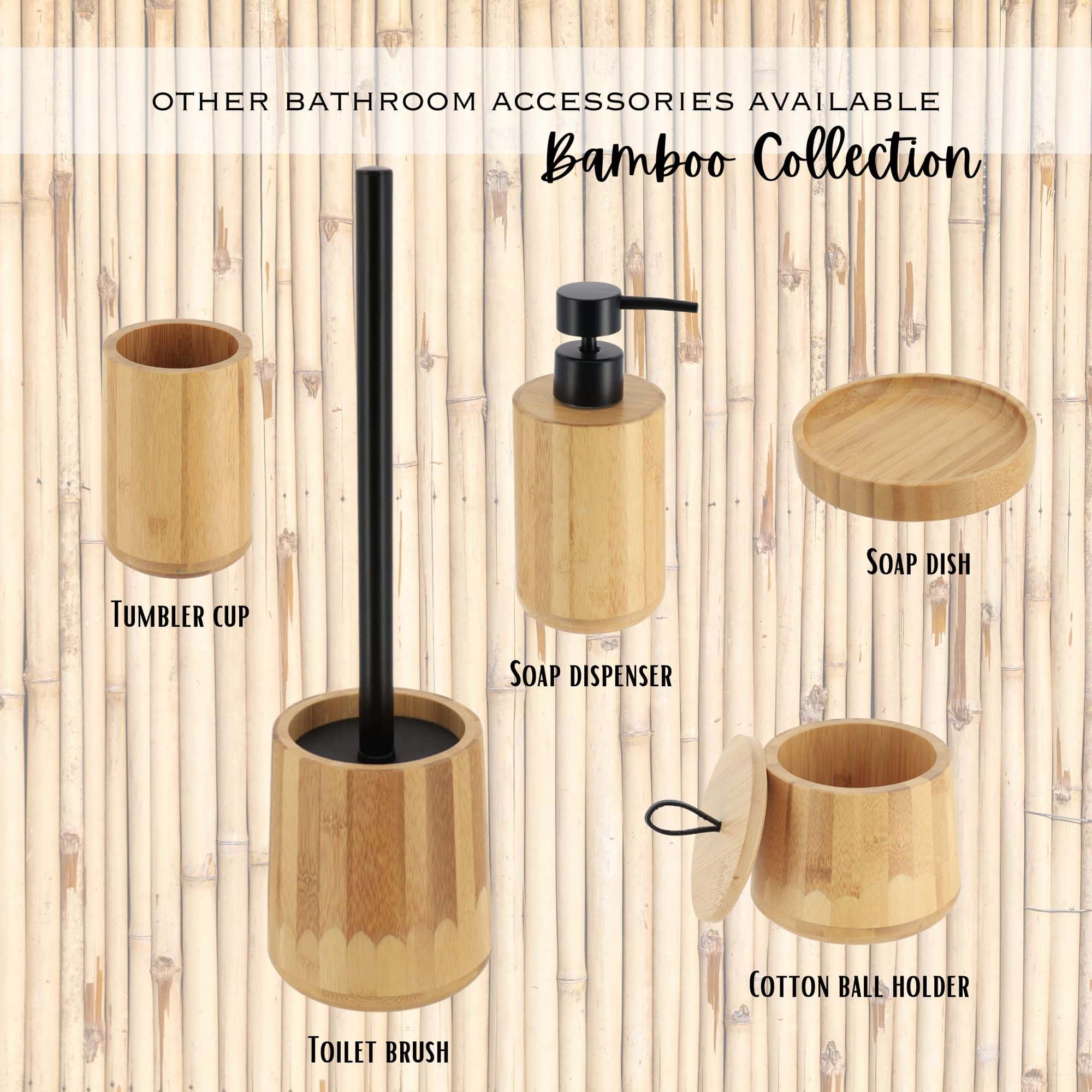 Bamboo bathroom accessories collection showing tumbler, toilet brush, soap dispenser, soap dish, and cotton ball holder