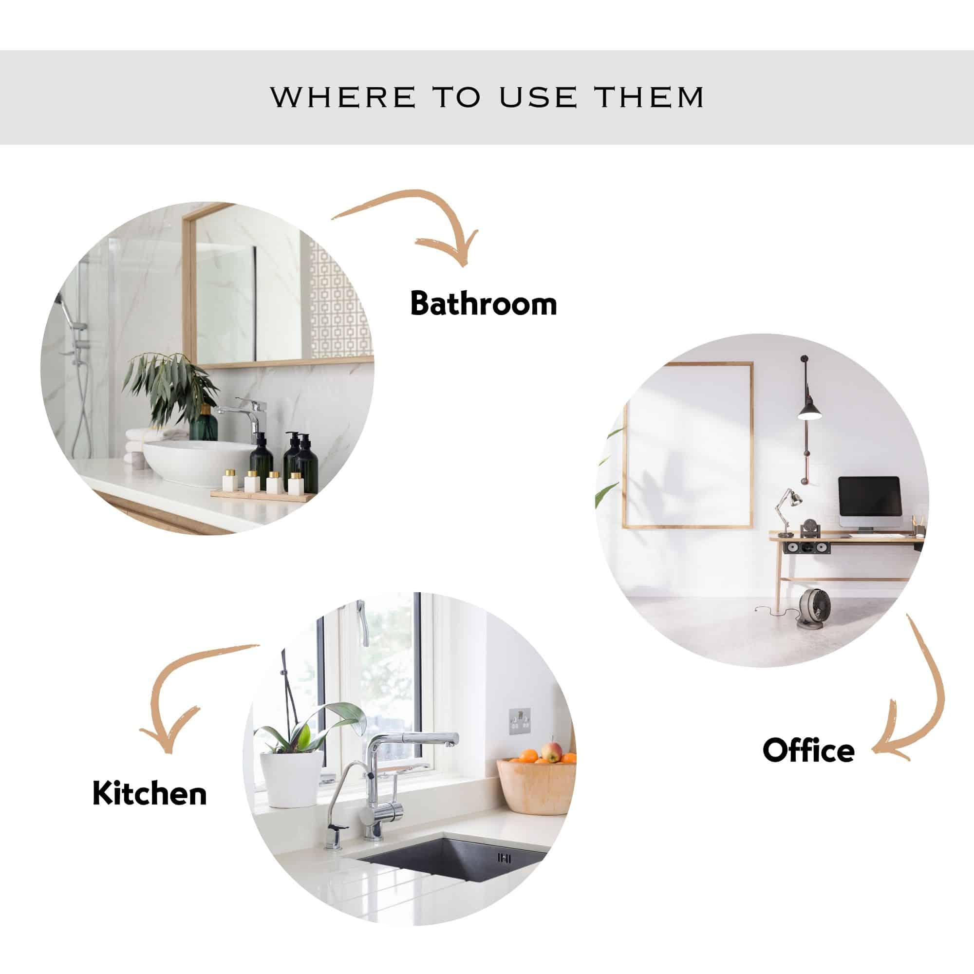Versatile use infographic showing bamboo organizers in bathroom, kitchen, and office settings