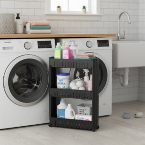 Black 3-tier rolling cart holding laundry products between front-load washer and dryer in a laundry room