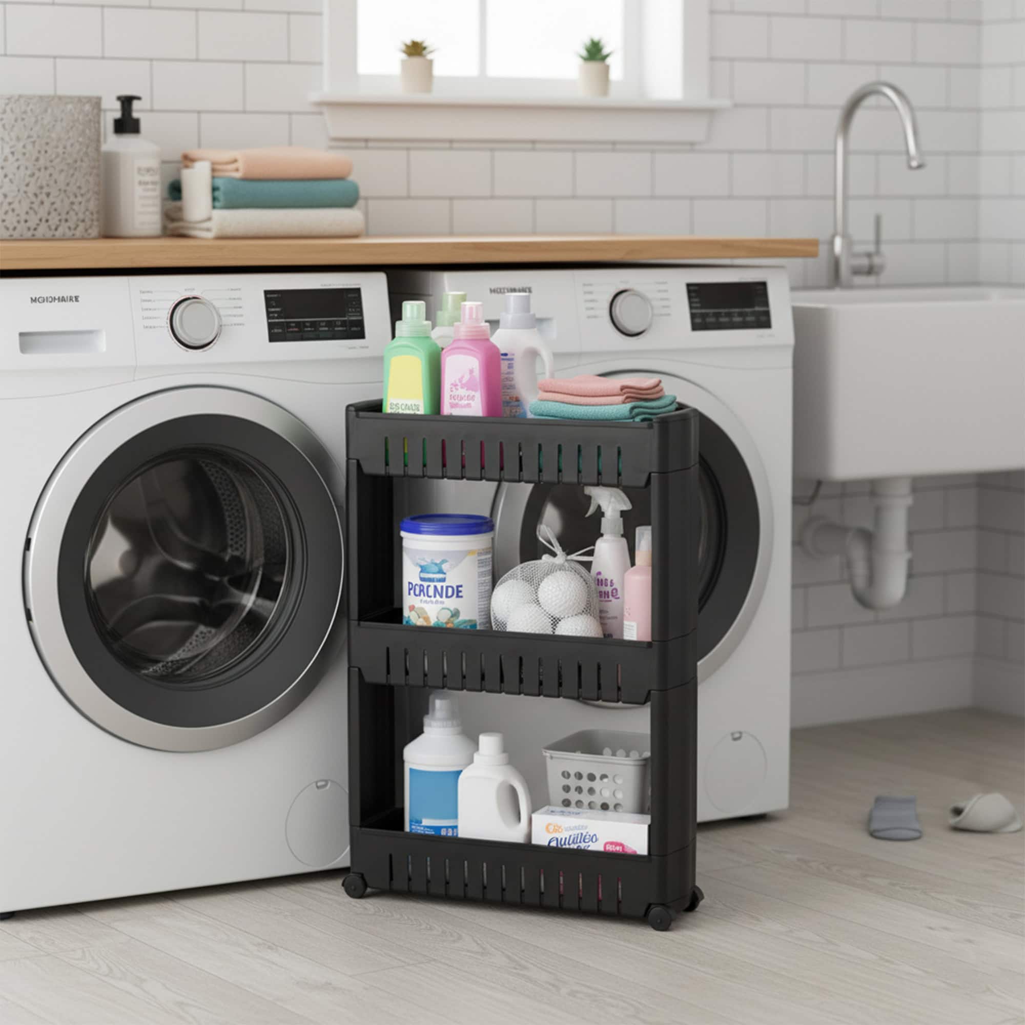Black 3-tier rolling cart holding laundry products between front-load washer and dryer in a laundry room