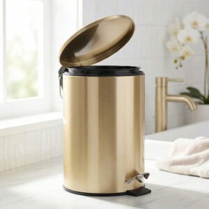 Gold bathroom trash can with lid open near sink modern setting