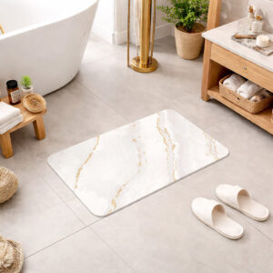 marble-patterned diatomite bath mat in a modern bathroom