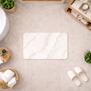 marble-patterned diatomite bath mat in a modern bathroom